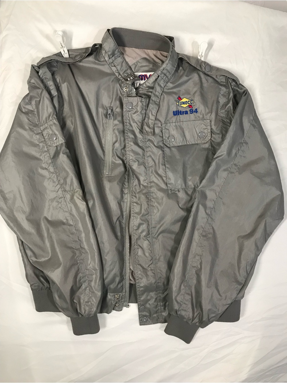 Vintage 90s Sunoco Ultra 94 Racing Fuel Bomber Jacket Silver Gray Men's‎ XL